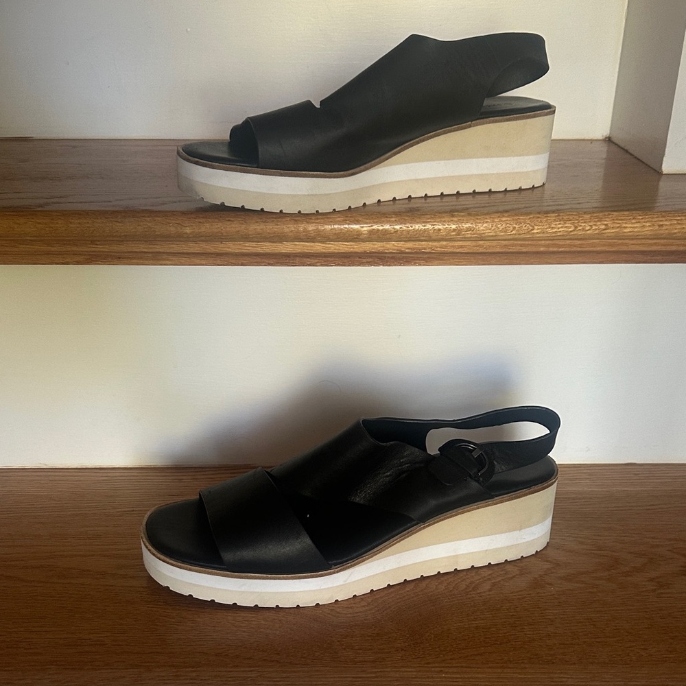 Vince Black Leather Wedge Sandals